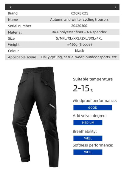 ROCKBROS Bike Pants Winter Bicycle Long Pants Thermal Fleece Reflective Cycling Pants Warm Windproof Men Sport Trousers EUR Size