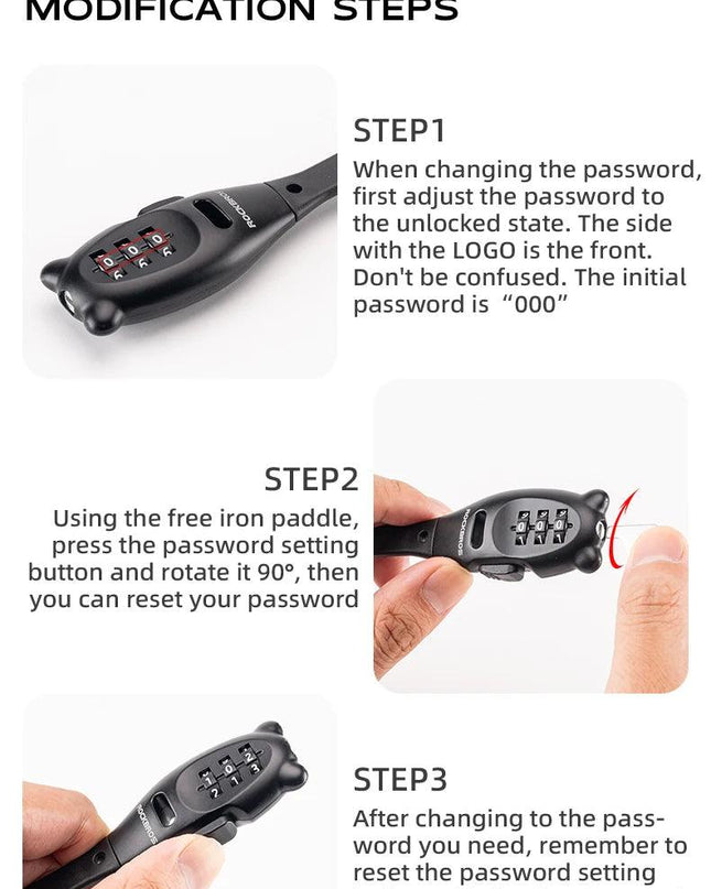 ROCKBROS Portable Bicycle Lock Cable Tie Zinc Alloy Lock Helmet Password Lock Anti-Theft Safety Freely Adjustable Rope Lock
