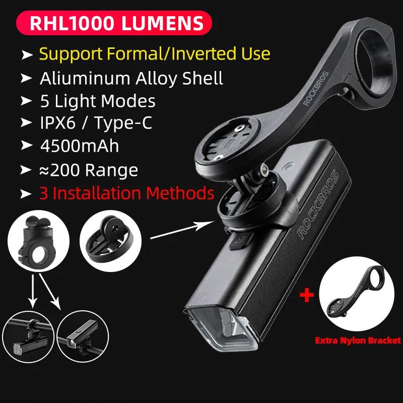 ROCKBROS Bike Light 1000LM Type-C Charging MTB Road Cycling Highlight Bike Light Front Lamp 4500mAh IPX6 Bicycle Accessories