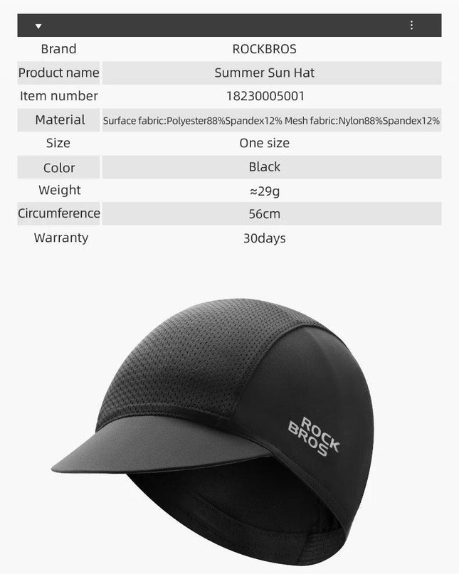 ROCKBROS Cycling Caps Polyester Bicycle Quick Dry Sports Hats Summer UV Protection Bike Balaclava Unisex Size Breathable Hat
