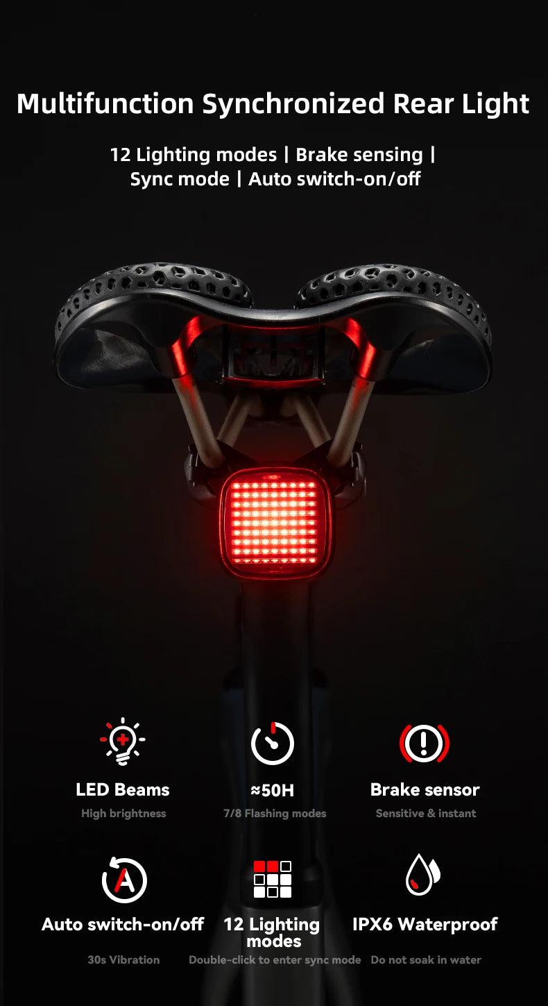 ROCKBROS Bicycle Rear Light Smart Sync Brake Sensing Taillight 12 Modes Ipx6 Rechargeable Rear Light MTB Road Bike Accessories