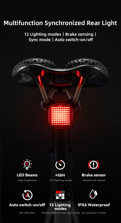 ROCKBROS New Bike Rear Light Mtb Road Smart Brake Sensing Sync Tail Light Ipx6 Waterproof High Quality Rechargeable Rear Lamp