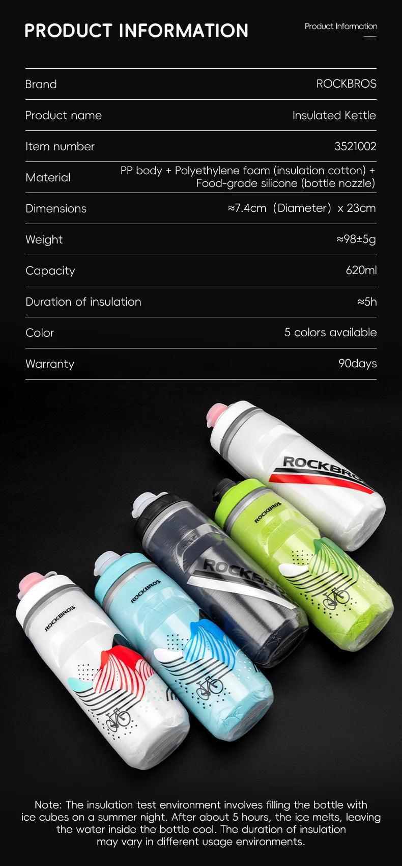 ROCKBROS Cycling Water Bottle Cold Water Insulated Thermal Silicone Bottle Fitness Outdoor Bicycle Portable 620ml Water Kettle