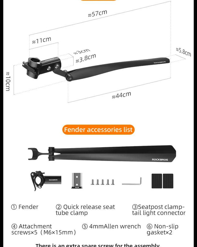 ROCKBROS Bicycle Mudguard With Taillight Quick Release Road Bike Mudguard PP Aluminum Alloy  Support Fender Adjustable Parts