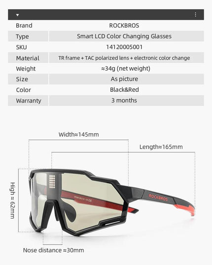 ROCKBROS Sunglasses Polarized Cycling Glasses Electronic Color Change Glasses UV400 Safety Bike Bicycle Eyewear Sports Goggles