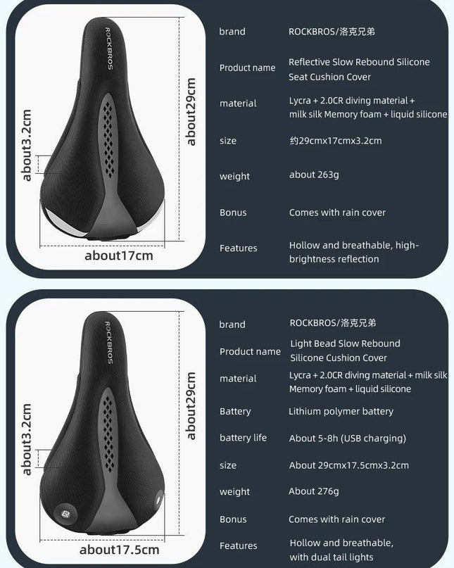 ROCKBROS Bicycle Saddle Cover MTB  With Rear Light Road Bike Seat Saddle Breathable Comfortable Cushion Cycling Saddle Cover
