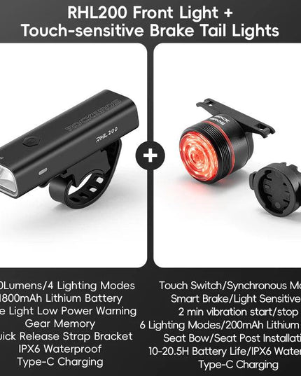 ROCKBROS Bike Light Set MTB Road Cycling Light Waterproof 200LM/400LM Bicycle Headlight + Smart Rear Light Auto Brake Sensing