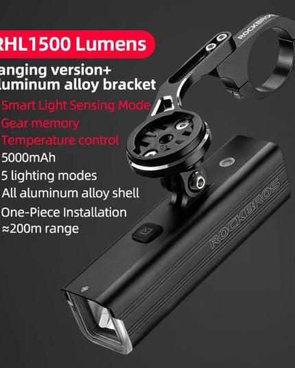 ROCKBROS Bike Light 1500LM/1000LM Aluminum Alloy Type-C Charging Smart Front Lights Hanging Version LED Lamp Cycling Headlights