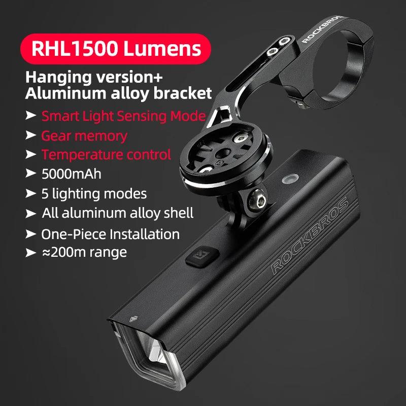 ROCKBROS Bike Light 1500LM/1000LM Aluminum Alloy Type-C Charging Smart Front Lights Hanging Version LED Lamp Cycling Headlights