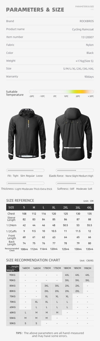 ROCKBROS Raincoat Cycling Waterproof Jacket Lightweight Motorcycle Rain Coat Breathable Reflective Hooded Outdoor Windbreaker