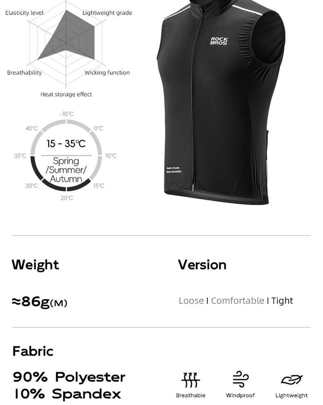 ROCKBROS Cycling Vest for Men Breathable Bicycle Clothing Outdoor Sports Windproof Running Vest Reflective Quick Dry Jersey