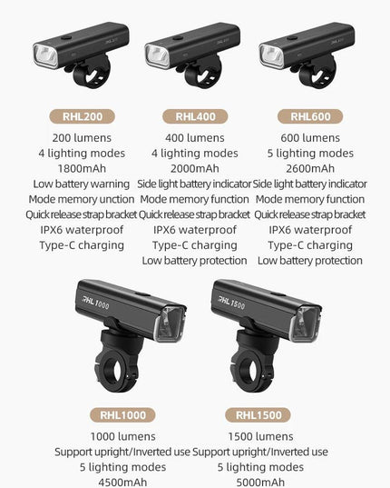 ROCKBROS Bike Light Waterproof Type-C Rechargeable Bicycle Headlight 200M Range Flashlight With Tail light Cycling Accessory