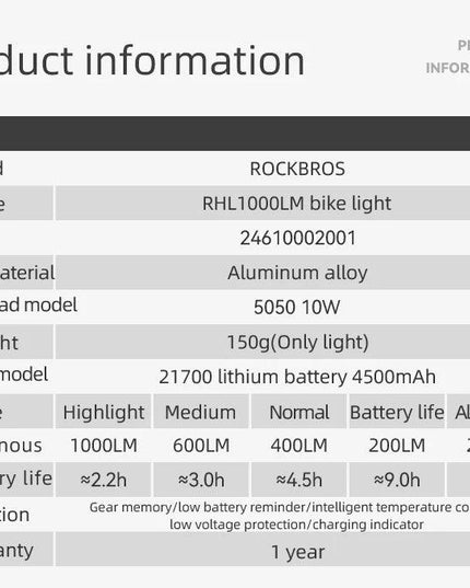 ROCKBROS Bicycle Light 1000LM Type-c Charging Bike Light Front Lamp Rechargeable Cycling Headlight Aluminum Waterproof RHL1000