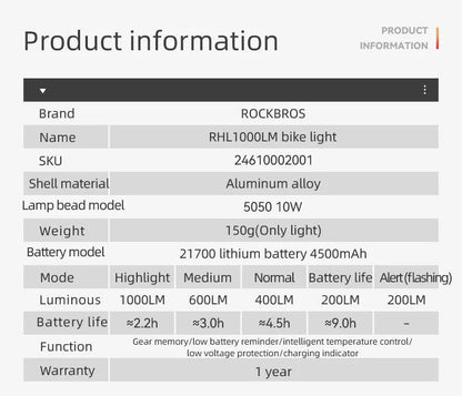 ROCKBROS Bicycle Light 1000LM Type-c Charging Bike Light Front Lamp Rechargeable Cycling Headlight Aluminum Waterproof RHL1000