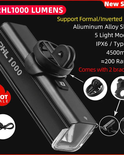 ROCKBROS Bike Light 1000LM Type-C Charging MTB Road Cycling Highlight Bike Light Front Lamp 4500mAh IPX6 Bicycle Accessories