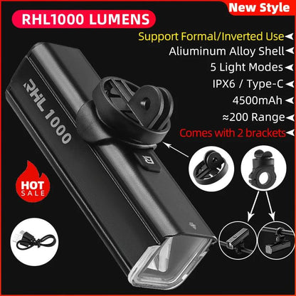 ROCKBROS Bike Light 1000LM Type-C Charging MTB Road Cycling Highlight Bike Light Front Lamp 4500mAh IPX6 Bicycle Accessories