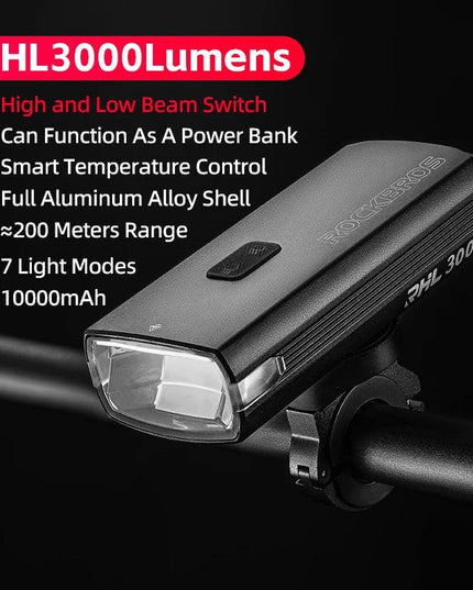 ROCKBROS 3000LM Bike Light Type-C Charging Front Lamp 10000mAh Bicycle Light IPX6 Aluminum Alloy Headlight Bike Accessories