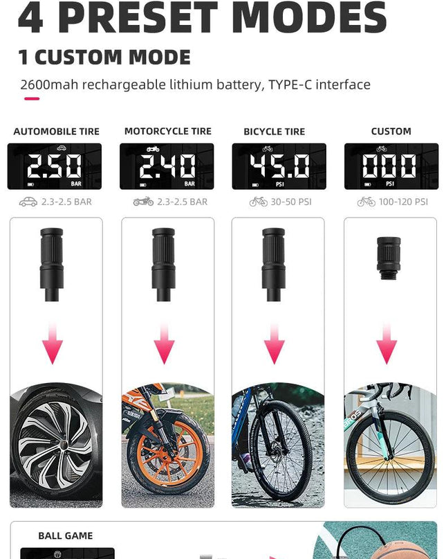 ROCKBROS Air Pump for Car Electric Bike Motorcycle 150PSI Type-C Tire Inflator Portable Air Compressor with LCD Digital Display