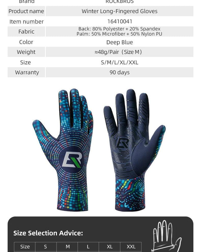 ROCKBROS Winter Gloves Windproof Thermal Warm Cycling Gloves Silicone Anti-Slip Motorcycle Ski Touch Screen Fleece Gloves