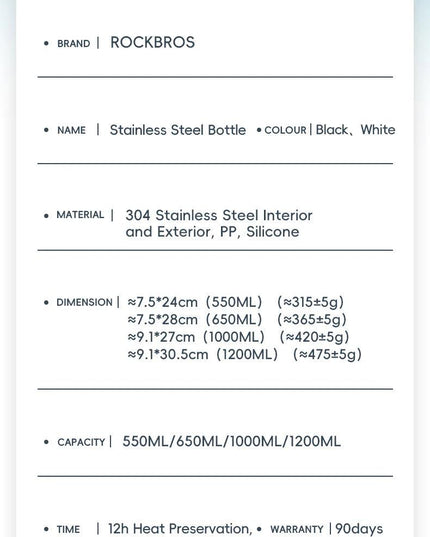 ROCKBROS 1L Thermal Water Bottle Sports Water Bottle Non Slip 304 Stainless Steel Cold And Hot Thermo Cup Cycling Hiking Equip