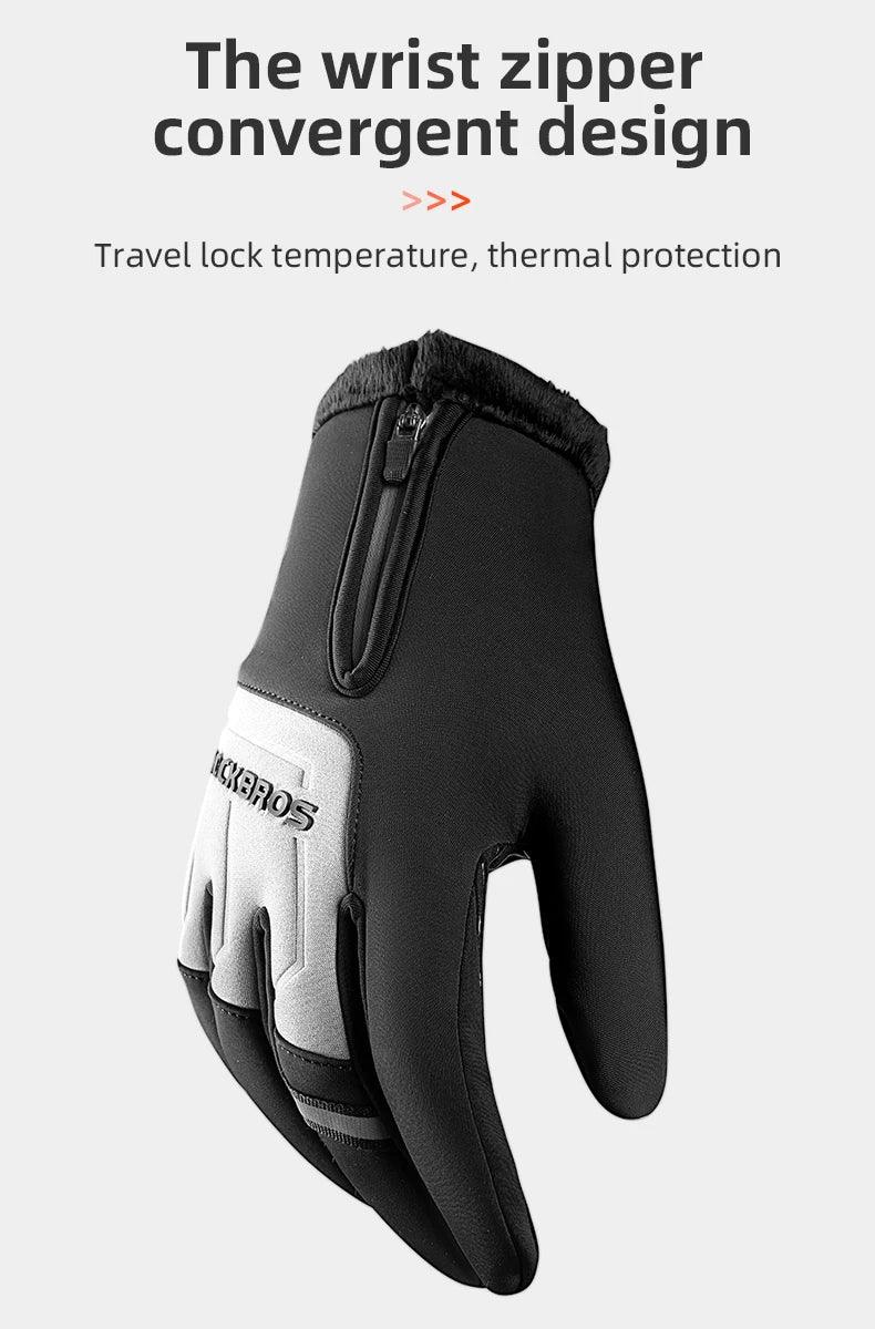 ROCKBROS Winter Warm Gloves Touch screen Cycling Gloves Full Finger MTB Bike Gloves Non Slip Silicone Palm Thermal Ski Gloves