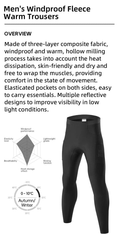 ROCKBROS Cycling Trousers With Italian Trouser Pad Long Tights Reflective Leggings Winter Fleece Thermal Anti Slip Pants 0-10°