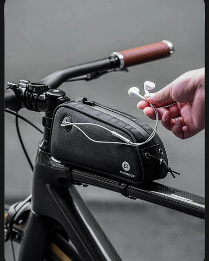 ROCKBROS Bicycle Bag 1.3L Portable Frame Front Tube Cycling Bag Waterproof MTB Road Bicycle Pannier Black With Headphone Jack