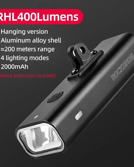 ROCKBROS Bike Front Light IPX6 Type-c Rechargeable Bicycle Hanging Light Headlight LED Flashlight 400/800/1000/1500LM Aluminum