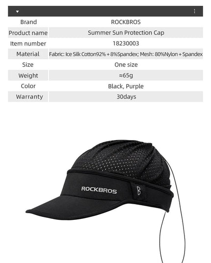 ROCKBROS Refreshing Summer Sun Protection Cap Two Ways to Wear Breathable Quick-Drying Suitable for Helmet Unisex Size Sport Hat