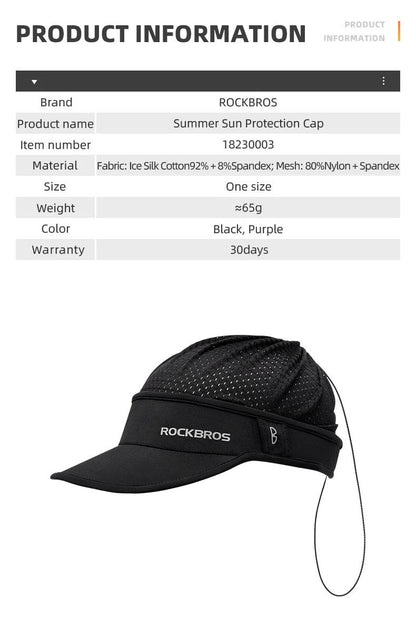 ROCKBROS Refreshing Summer Sun Protection Cap Two Ways to Wear Breathable Quick-Drying Suitable for Helmet Unisex Size Sport Hat