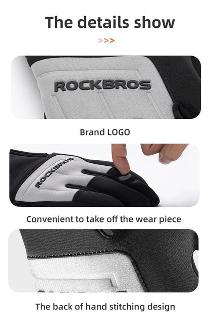 ROCKBROS Winter Warm Gloves Touch screen Cycling Gloves Full Finger MTB Bike Gloves Non Slip Silicone Palm Thermal Ski Gloves