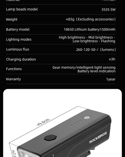 ROCKBROS Bicycle Light 260LM 1500mAh Handlebar Type-C Rechargeable LED Flashlight Bicycle Light Waterproof Bike Accessories