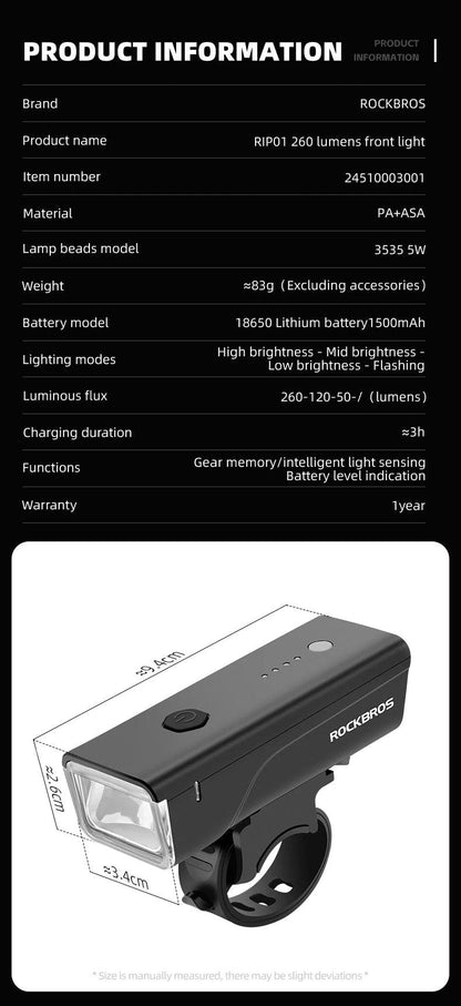 ROCKBROS Bicycle Light 260LM 1500mAh Handlebar Type-C Rechargeable LED Flashlight Bicycle Light Waterproof Bike Accessories