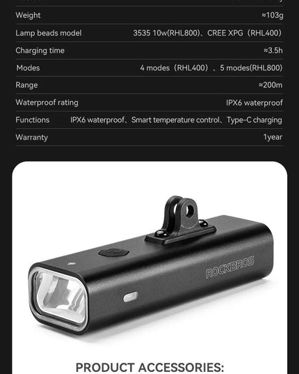 ROCKBROS Bike Front Light IPX6 Type-c Rechargeable Bicycle Hanging Light Headlight LED Flashlight 400/800/1000/1500LM Aluminum
