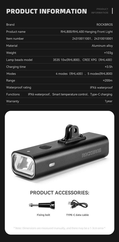 ROCKBROS Bike Front Light IPX6 Type-c Rechargeable Bicycle Hanging Light Headlight LED Flashlight 400/800/1000/1500LM Aluminum