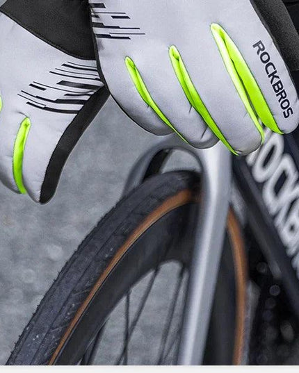 ROCKBROS Cycling Gloves Winter Windproof Keep Warm Reflective Gloves Thickened Palm Pad Touch Screen Night Cycling Glove MTB Men