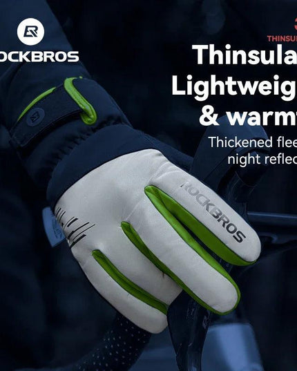 ROCKBROS Cycling Gloves Winter Windproof Keep Warm Reflective Gloves Thickened Palm Pad Touch Screen Night Cycling Glove MTB Men
