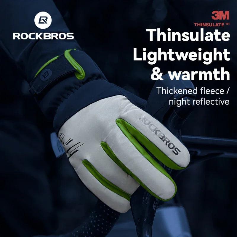 ROCKBROS Cycling Gloves Winter Windproof Keep Warm Reflective Gloves Thickened Palm Pad Touch Screen Night Cycling Glove MTB Men