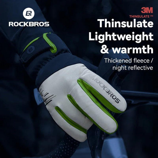 ROCKBROS Cycling Gloves Winter Windproof Keep Warm Reflective Gloves Thickened Palm Pad Touch Screen Night Cycling Glove MTB Men