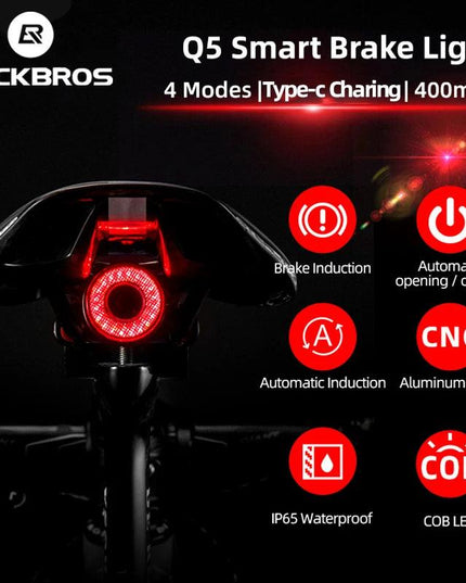 ROCKBROS Bicycle Smart Auto Brake Sensing Light IPx6 Waterproof LED Charging Cycling Taillight Bike Rear Light Accessories Q5
