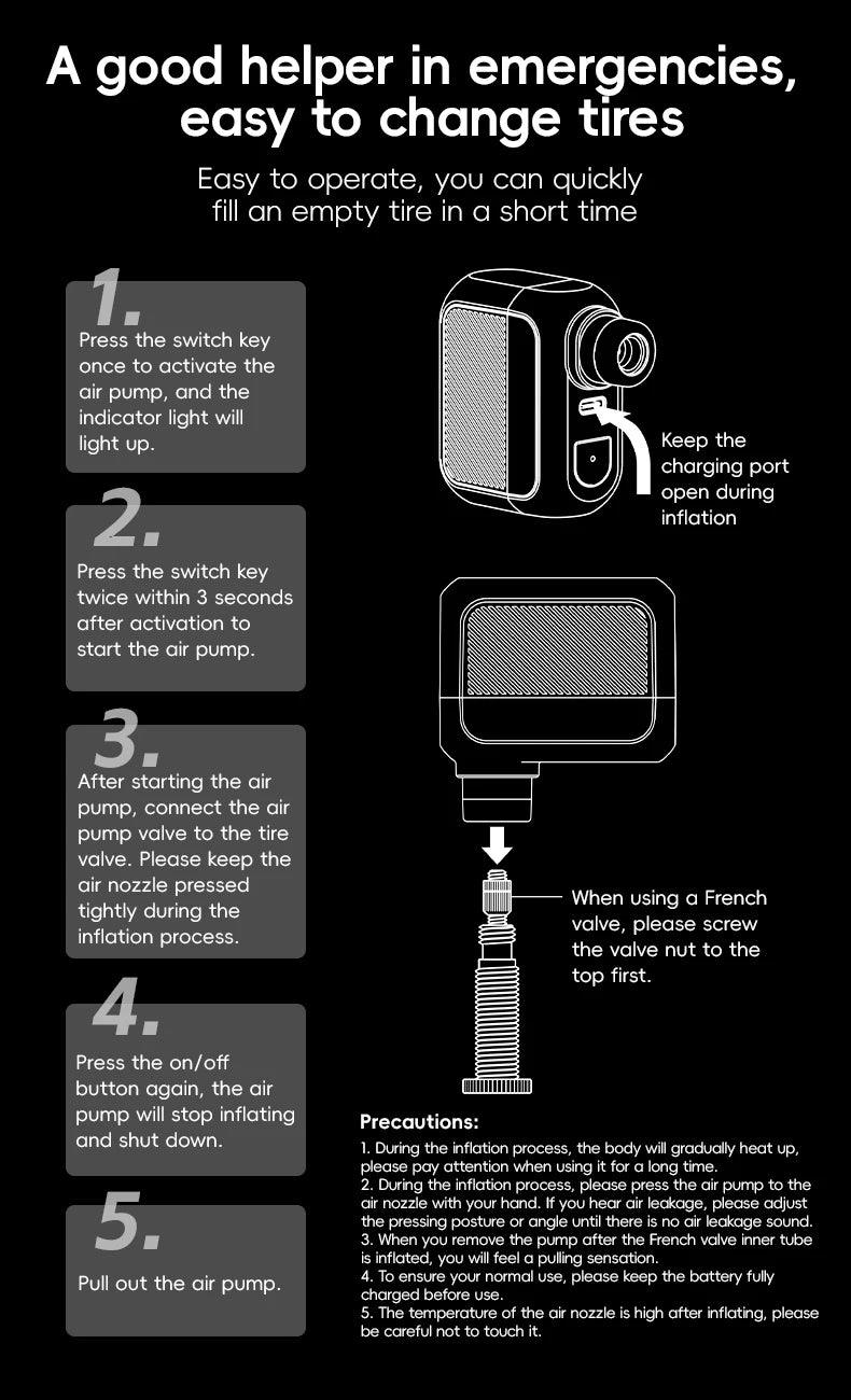 ROCKBROS Electric Air Pump Portable 100PSI Bicycle Pump Air Compressor Rechargeable Tire Inflator Pump 300mAh Battery Capacity