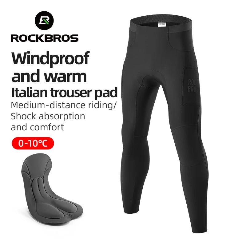 ROCKBROS Cycling Trousers With Italian Trouser Pad Long Tights Reflective Leggings Winter Fleece Thermal Anti Slip Pants 0-10°