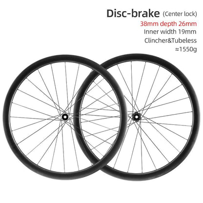 ROCKBROS Carbon Wheels 700c Road Bike Wheelset Tubeless Clincher Tires Rim Center Lock Or 6-bolt Back Road Cycling Wheelset