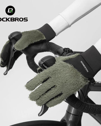 ROCKBROS Autumn Winter Ski Gloves Warm Windproof Gloves Cycling Snowboard Driving Double Layer Fleece-Lined Thickened Gloves