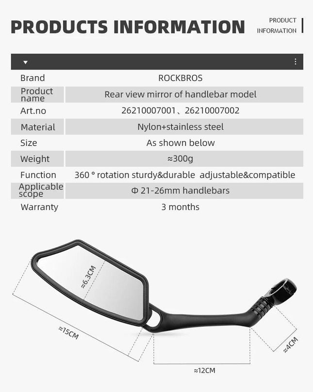 ROCKBROS Bicycle Mirror Handlebar Rear View Stainless Steel Reflector Universal Wide-Range 360° Adjustable Mirror Bike Accessory