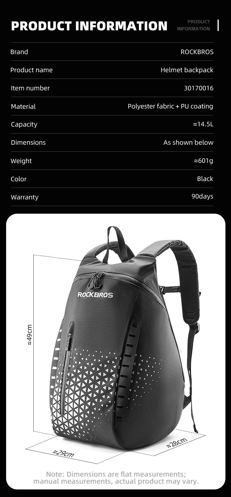 ROCKBROS Backpack High-Capacity Full Helmet Bag  Travel Luggage Bag 14.5L Breathable Reflective Motorcycle Rider Bags Accessory