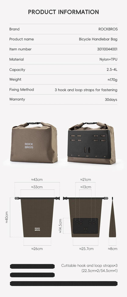 ROCKBROS Bicycle Front Bag Waterproof Handlebar Bag 2.5-4L Capacity Nylon Portable Bag for Folding Bike MTB Cycling Accessories