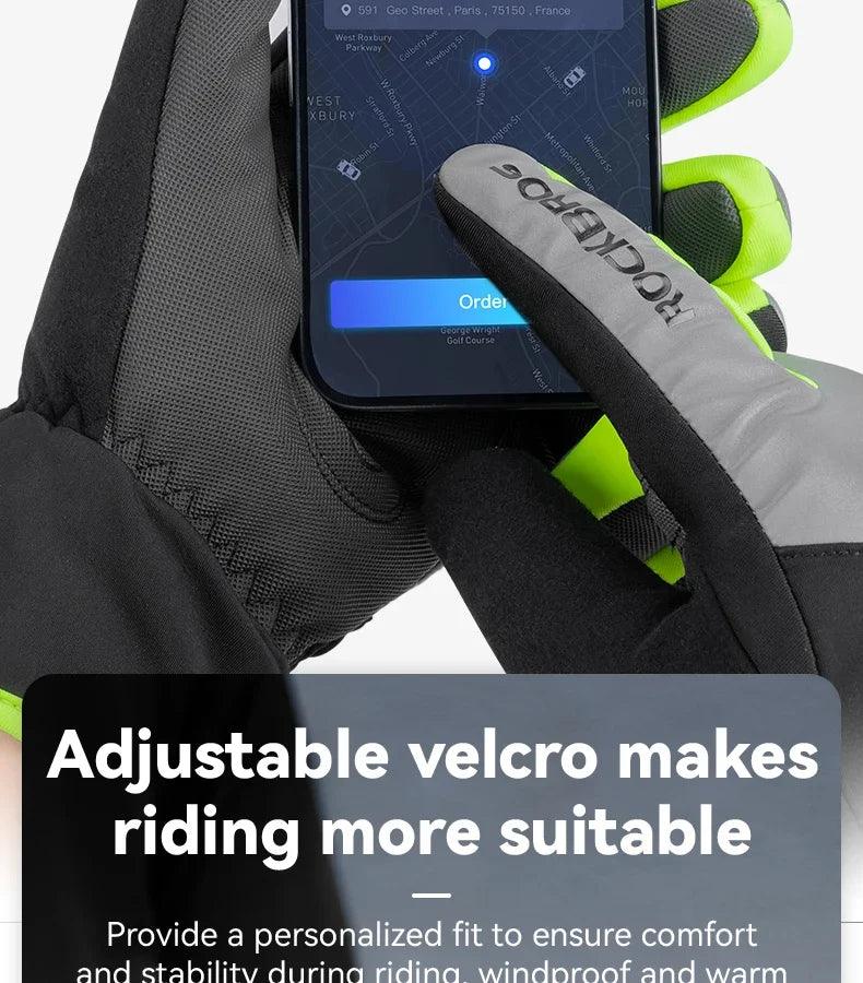 ROCKBROS Cycling Gloves Winter Windproof Keep Warm Reflective Gloves Thickened Palm Pad Touch Screen Night Cycling Glove MTB Men