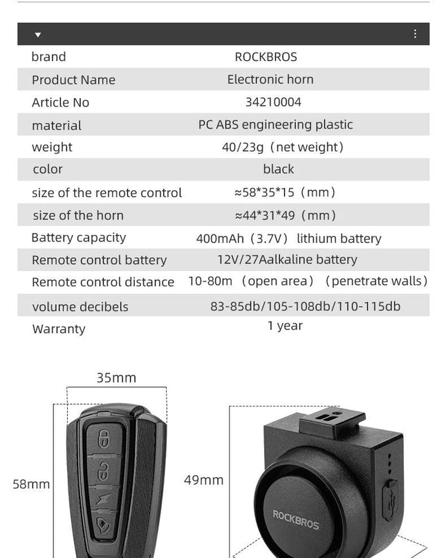 ROCKBROS Bicycle Bell Type-C Anti Theft Electric Horn Wireless Remote Control IPX5 Bike Hidden Installation Bicycle Accessory