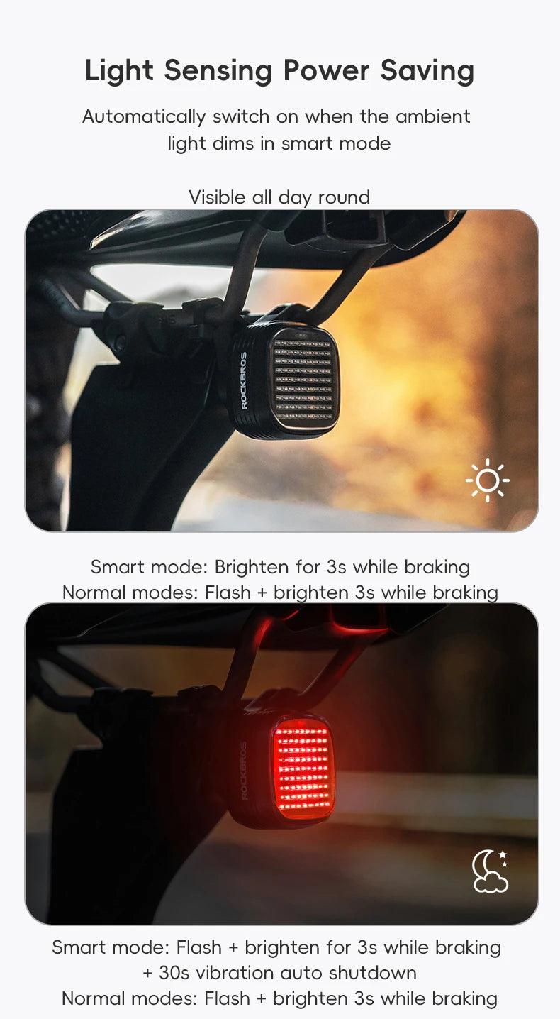 ROCKBROS New Bike Rear Light Mtb Road Smart Brake Sensing Sync Tail Light Ipx6 Waterproof High Quality Rechargeable Rear Lamp